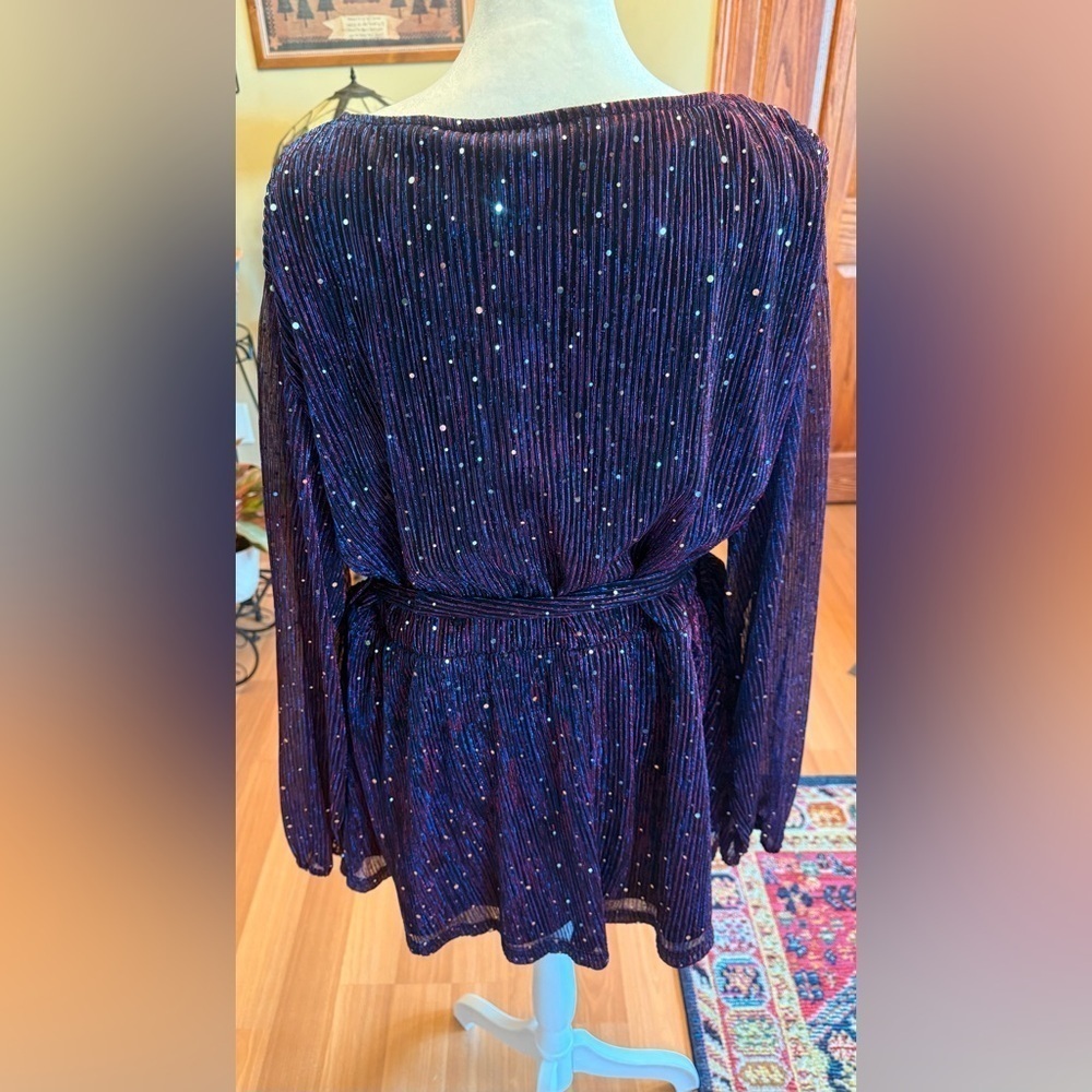 NWT Bloomchic Sequin Mesh Lantern Sleeve Belted Striped Blouse 22-24 Stretch - Picture 3 of 16